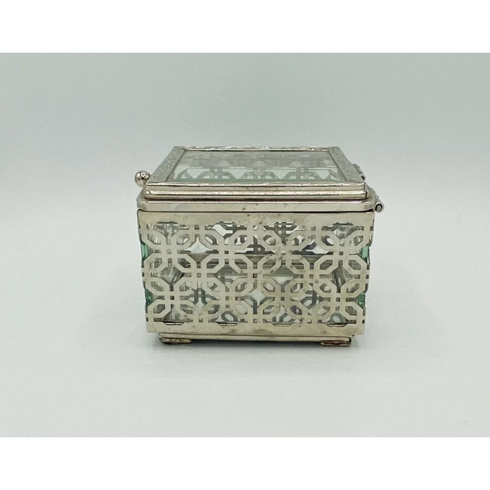Cynthia Rowley Jewelry Box Silver Tone Filigree Pattern Beveled Glass New York